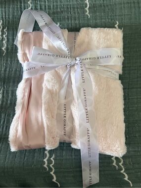 Little Giraffe Plush Baby Blanket - Light Pink and White Ribbon